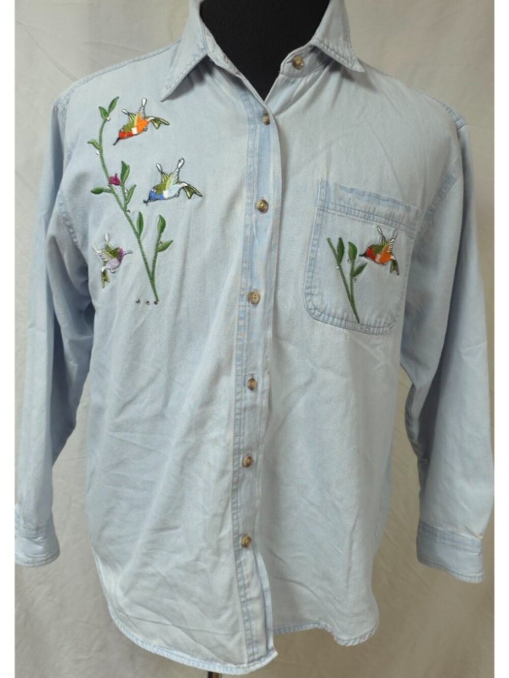Infinity Fashions Womens (L) Embroidered Embellished Floral Birds Denim Shirt